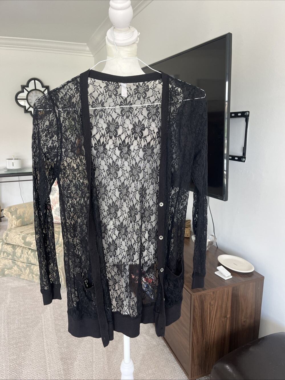 Womens L Black Floral Lace Cardigan Sheer Button Front Mesh Sweater